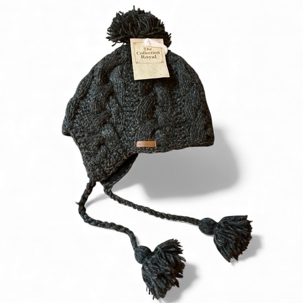 Collection Royal Cozy Pom-Pom Lined Flap Hat  with Tassels - Charcoal Gray NWT